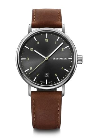ונגר שוויץ שעון קלאסי אלגנטי שחור רצועת עור חום Wenger Urban Classic