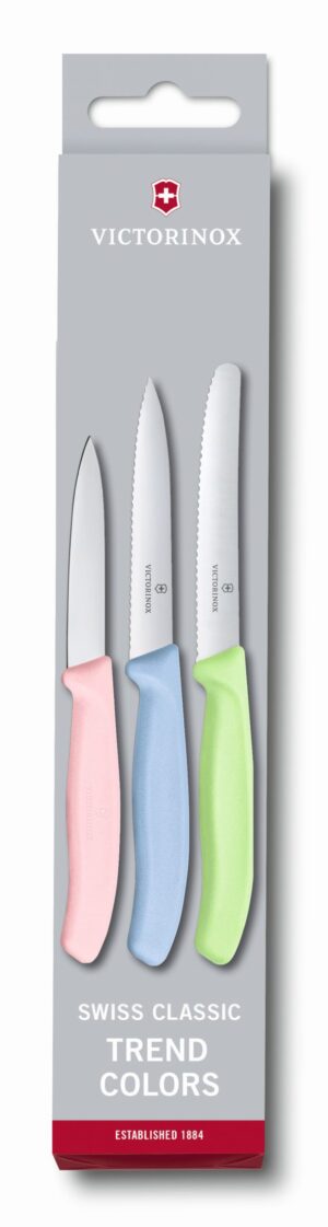 ויקטורינוקס סט 3 סכיני ירקות בצבעי פסטל טרנדי אדום כתום מנטה  6.7116.341 Victorinox