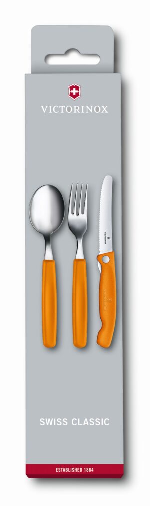 ויקטורינוקס סט שוויצרי כתום כף מזלג וסכין ירקות מתקפלת  6.7192.9 Victorinox