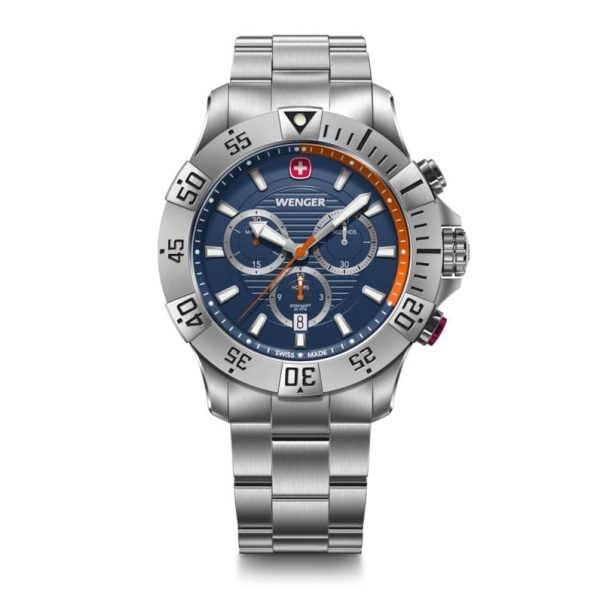 ונגר שוויץ שעון כרונוגרף Seaforce Blue ice ורצועת מתכת כסופה 43 מ”מ Wenger watch Chrono