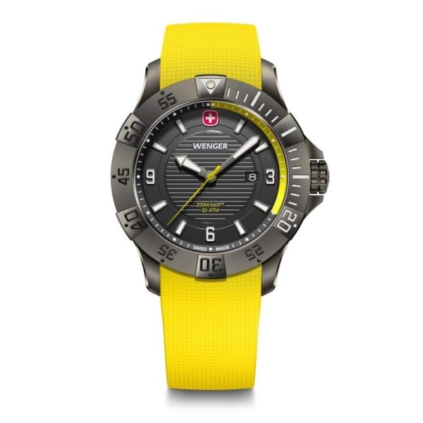 ונגר שוויץ שעון כרונוגרף Seaforce Black ice ורצועת סיליקון צהובה 43 מ”מ Wenger watch Chrono