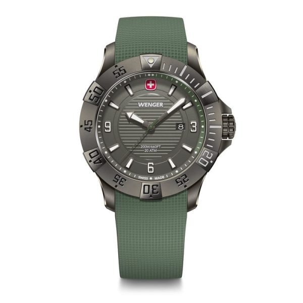 ונגר שוויץ שעון כרונוגרף Seaforce Black ice ורצועת סיליקון ירוקה 43 מ”מ Wenger watch Chrono