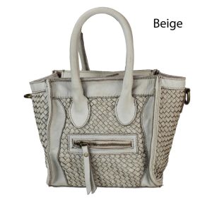 אקווילה תיק עור משובץ רצועת כתף בז' מיוצר באיטליה מעור וורה פלא Beige