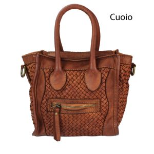 אקווילה תיק עור משובץ רצועת כתף קוניאק מיוצר באיטליה מעור וורה פלא Cuoio