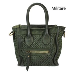 אקווילה תיק עור משובץ רצועת כתף ירוק צבאי מיוצר באיטליה מעור וורה פלא Militare