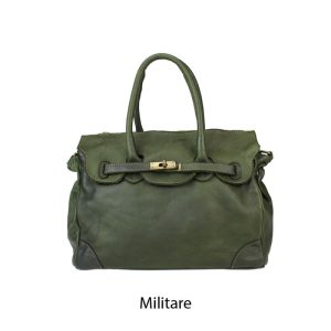 אקווילה תיק עור משובץ רצועת כתף ירוק צבאי מיוצר באיטליה מעור וורה פלא Military green