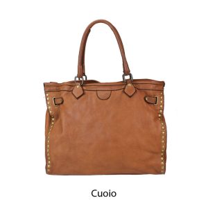 אקווילה תיק עור משובץ רצועת כתף קוניאק מיוצר באיטליה מעור וורה פלא Cuoio