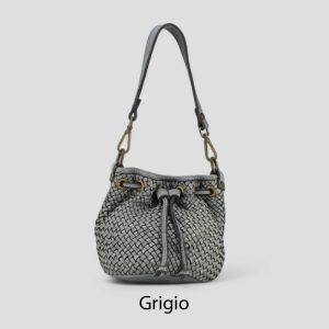 אקווילה תיק עור משובץ רצועת כתף אפור מיוצר באיטליה מעור וורה פלא Grigio