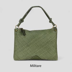 אקווילה תיק עור משובץ רצועת כתף ותיק גב ירוק צבאי מיוצר באיטליה מעור וורה פלא Military green