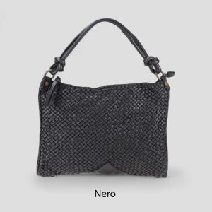 אקווילה תיק עור משובץ רצועת כתף שחור מיוצר באיטליה מעור וורה פלא Nero