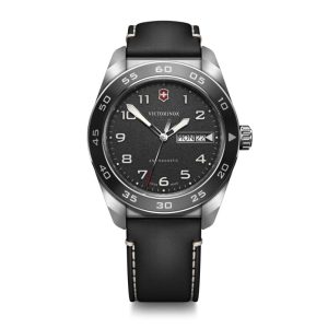 ויקטורינוקס שעון סוויס ארמי קוורץ victorinox black watch quartz Swiss Army רצועת עור שחורה לוח שחור 42 מ”מ
