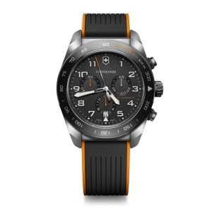 ויקטורינוקס שעון סוויס ארמי קוורץ כרונו victorinox black watch quartz chrono Swiss Army רצועת גומי שחור כתום לוח שחור 42 מ”מ