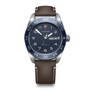 ויקטורינוקס שעון סוויס ארמי קוורץ victorinox blue watch quartz Swiss Army רצועת עור חומה לוח כחול 42 מ”מ