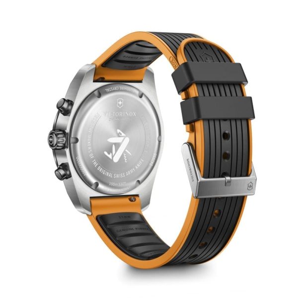 ⁦ויקטורינוקס שעון סוויס ארמי קוורץ כרונו victorinox black watch quartz chrono Swiss Army רצועת גומי שחור כתום לוח שחור 42 מ”מ⁩ – תמונה ⁦3⁩