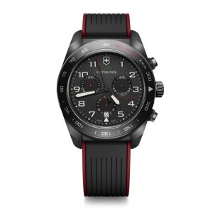 ויקטורינוקס שעון סוויס ארמי קוורץ כרונו victorinox black watch quartz chrono Swiss Army רצועת גומי שחור אדום לוח שחור 42 מ”מ