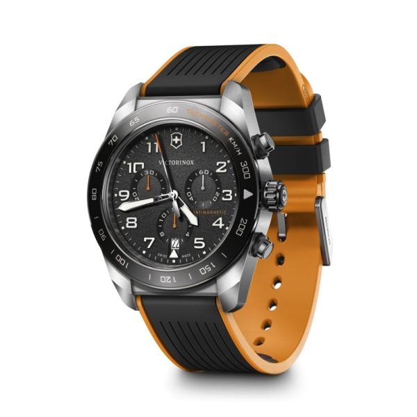 ⁦ויקטורינוקס שעון סוויס ארמי קוורץ כרונו victorinox black watch quartz chrono Swiss Army רצועת גומי שחור כתום לוח שחור 42 מ”מ⁩ – תמונה ⁦4⁩