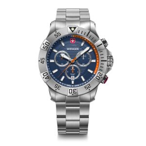 ונגר שוויץ שעון כרונוגרף Seaforce Blue ice ורצועת מתכת כסופה 43 מ”מ Wenger watch Chrono